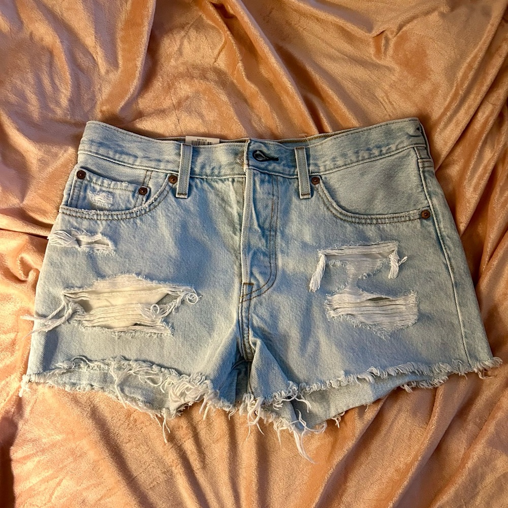 Distressed Light Blue Denim Shorts